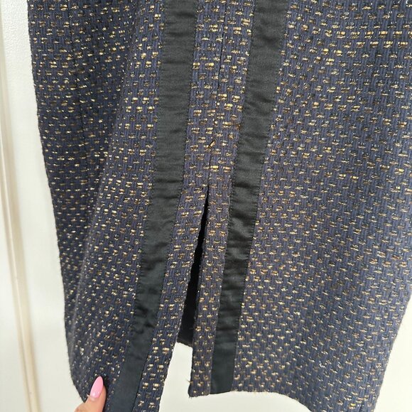 Altuzarra Peplum Pencil Dress Sz 38 Blue Black Gold Tweed Ruffle Trim - Picture 3 of 8